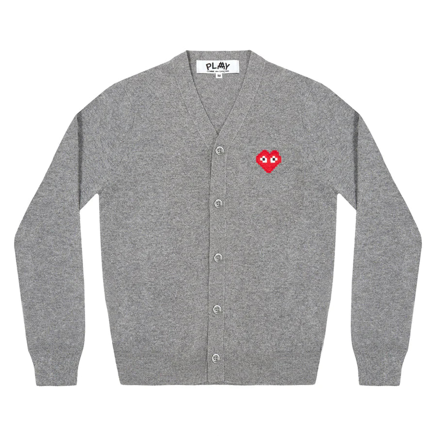 PLAY COMME DES GARÇONS V-Neck Cardigan PLAY V-Neck Cardigan Invader Emblem Grey – COMME des GARÇONS