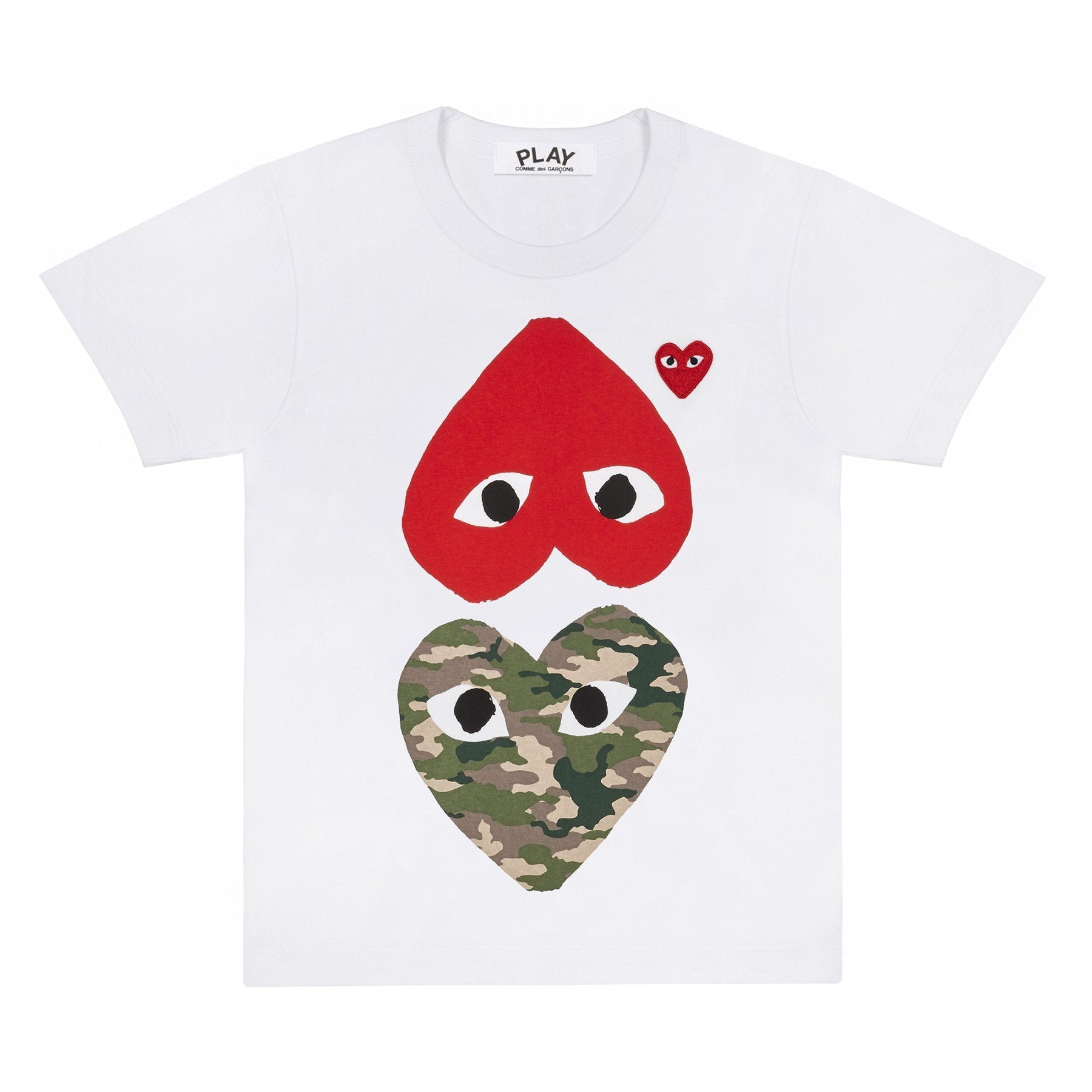 PLAY White T-Shirt with Camo Printed Mirror Hearts – COMME des