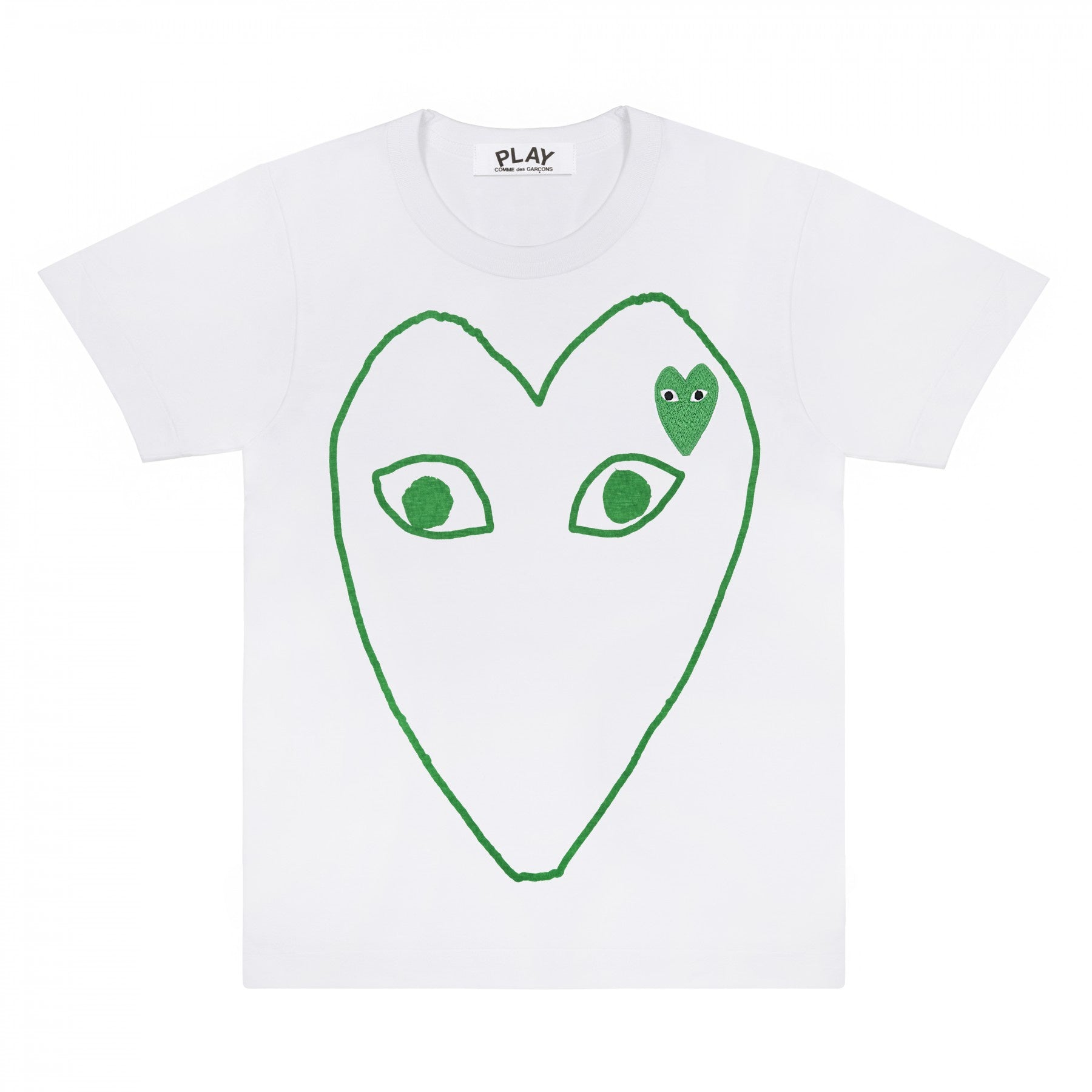 PLAY White T-Shirt with Green Outline Heart and Emblem – COMME des