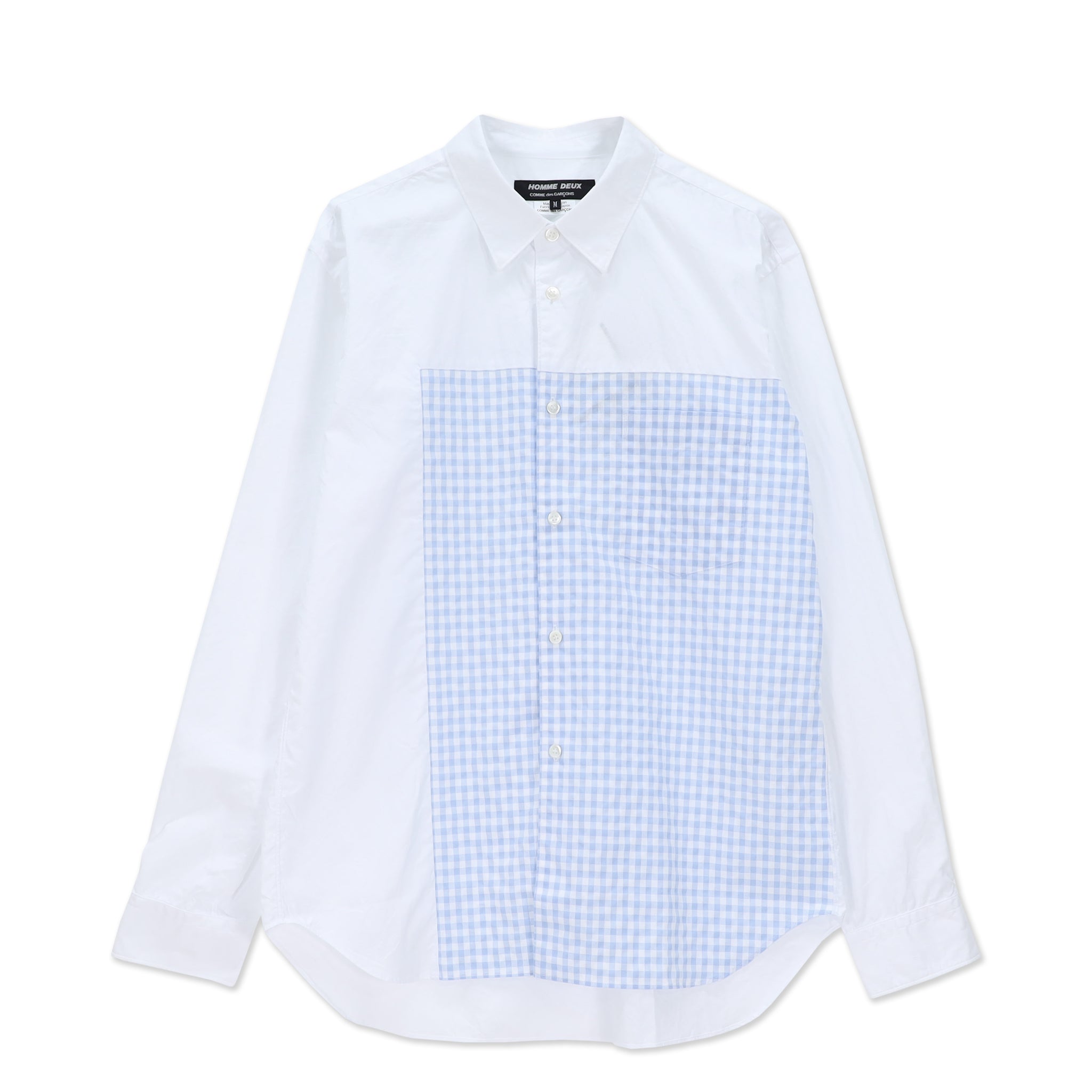 White Shirt with Blue Gingham Patched Panel