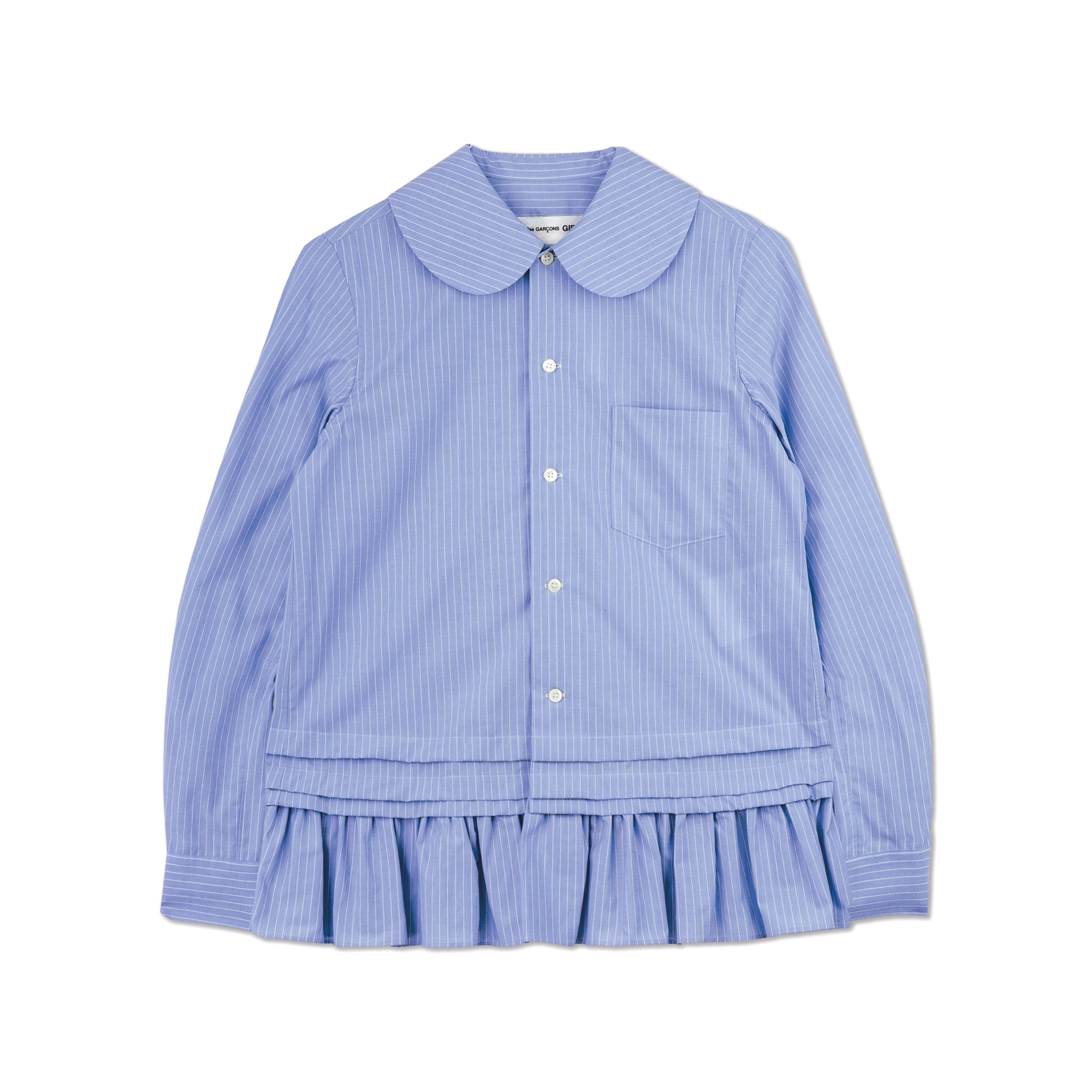 Blue Poplin Stripe Frill Hem Blouse