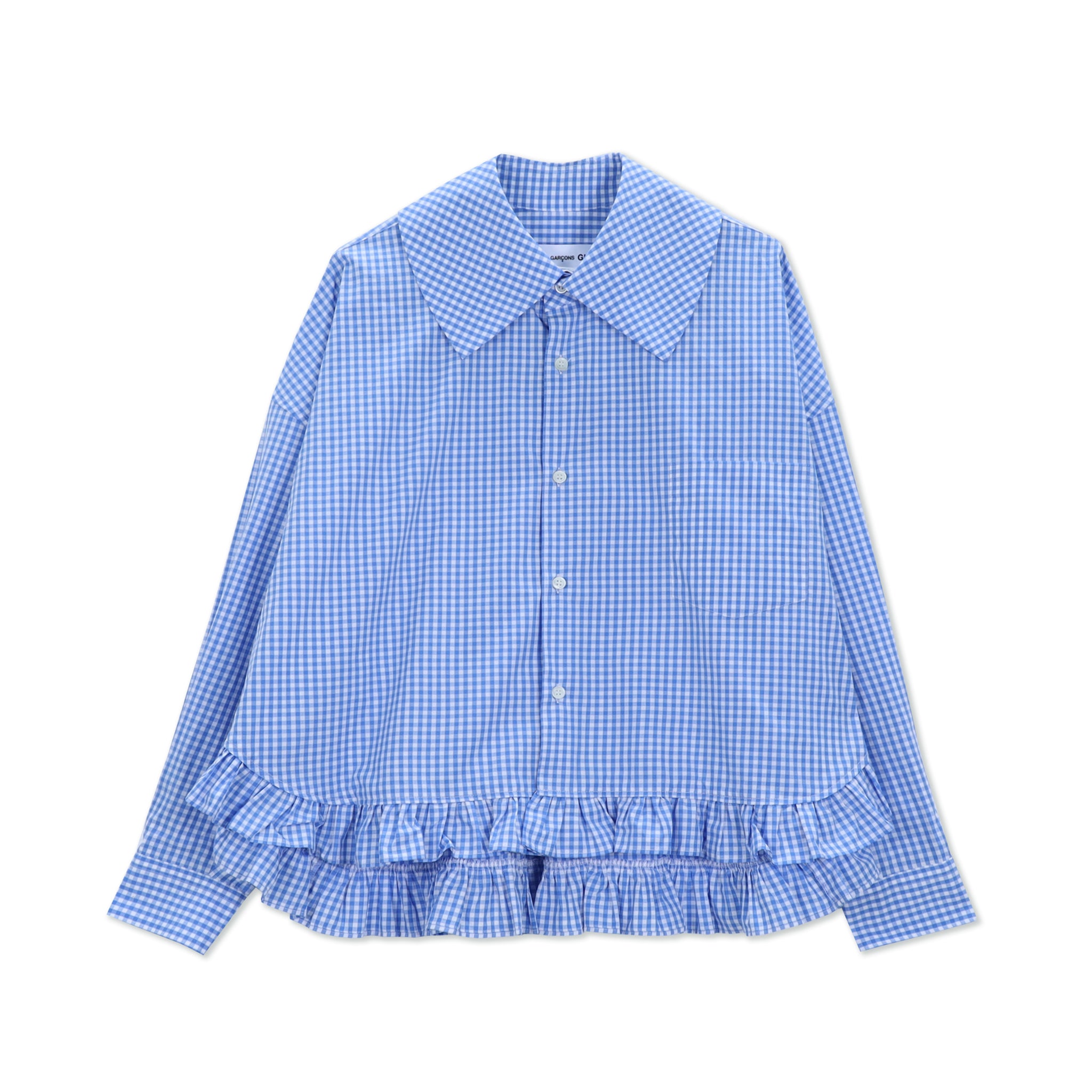 Blue Gingham Check Frill Hem Blouse