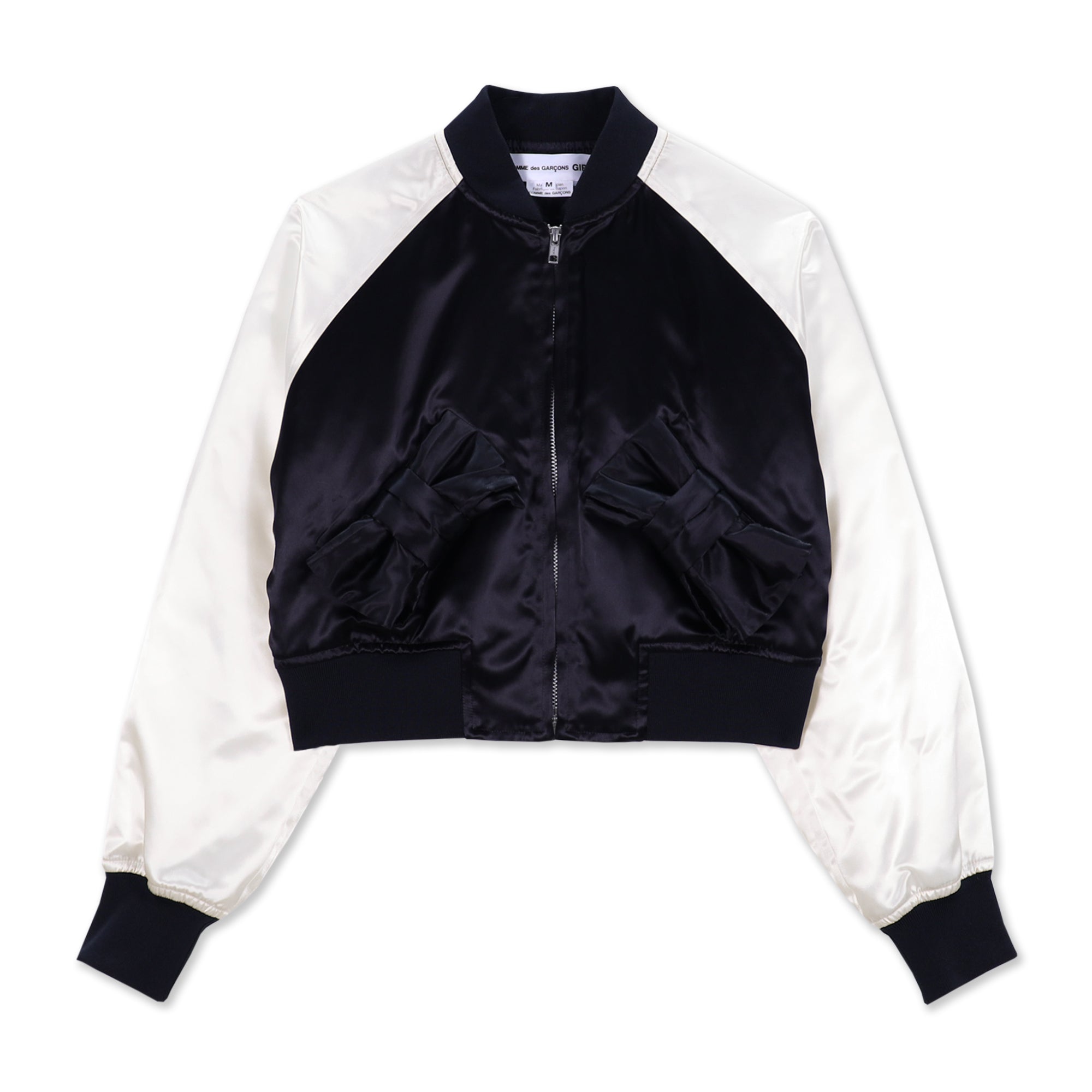 Black Satin Acetate Bow Bomber Jacket