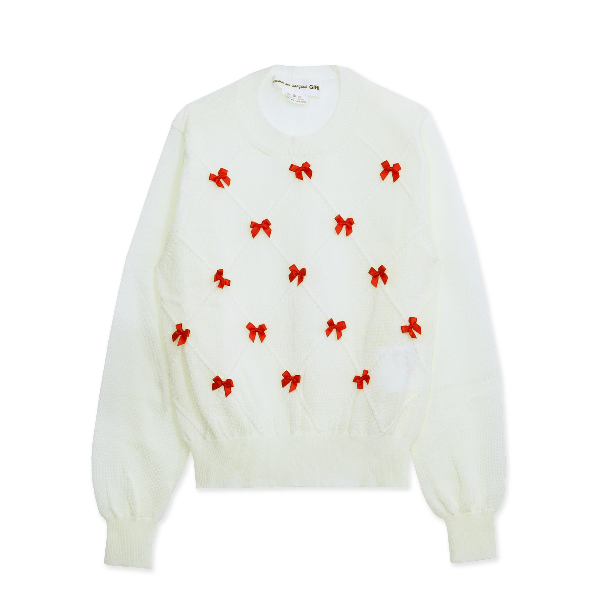 Ribbon Bow Diamond Pattern Sweater Off-White