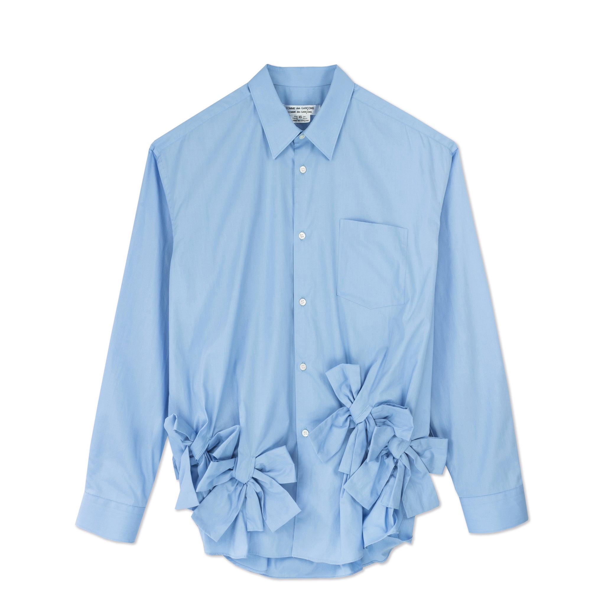 Cotton Gathered Bow Shirt Blue