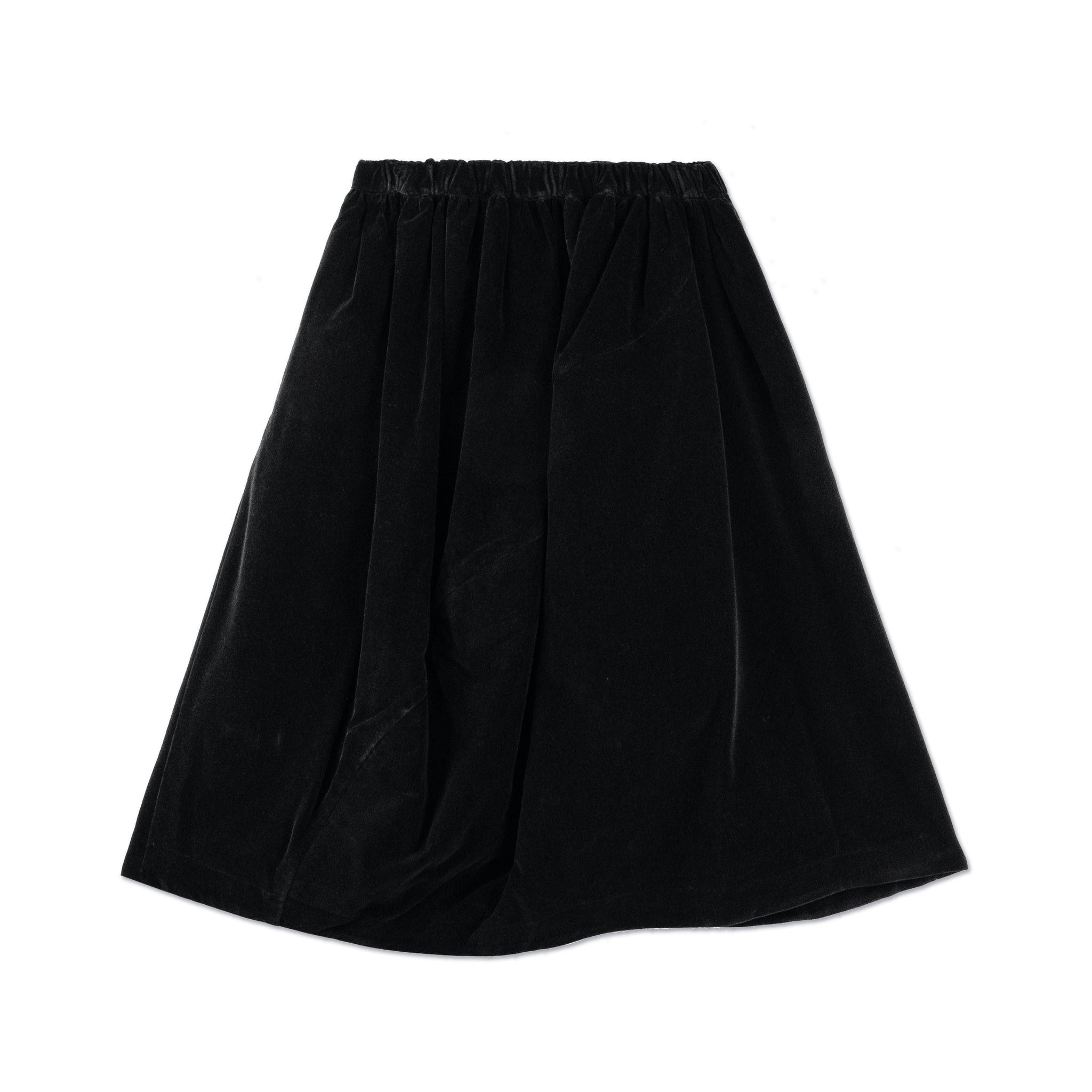 Black Velveteen Curved Seam Gathered Skirt