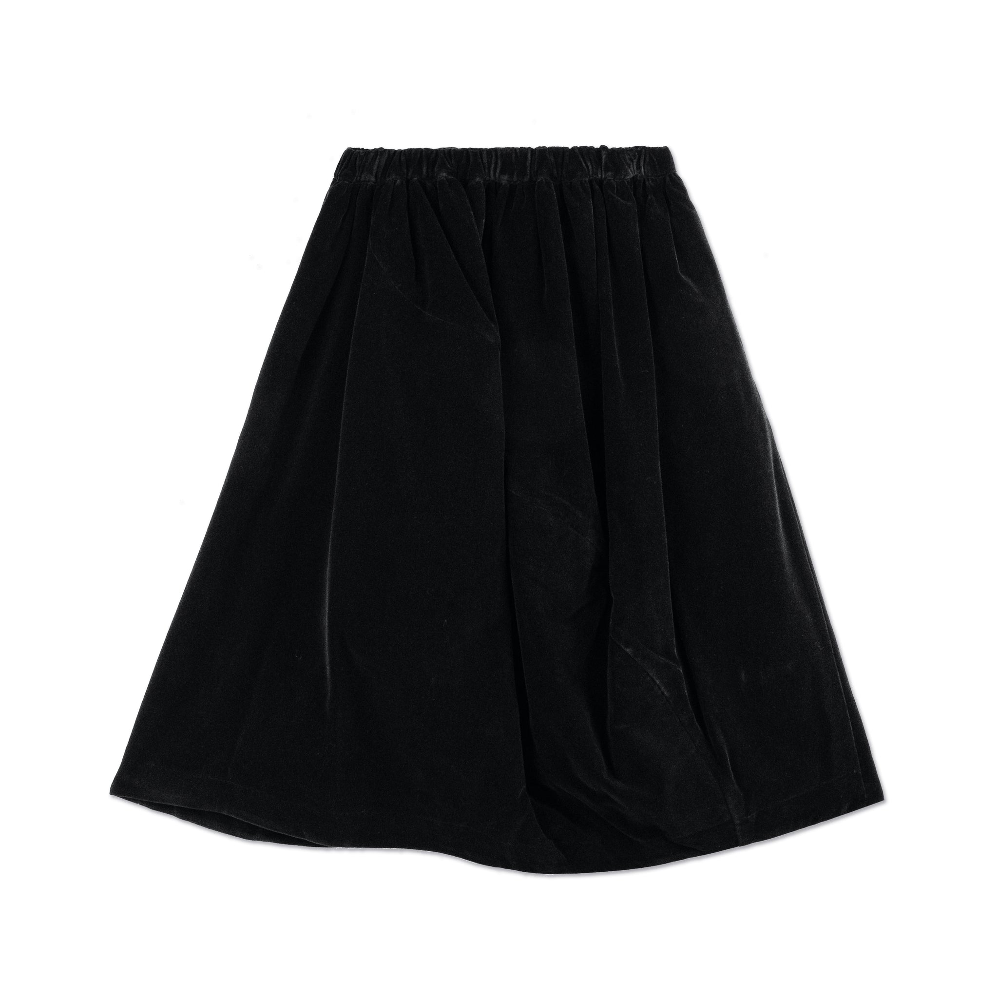 Black Velveteen Curved Seam Gathered Skirt