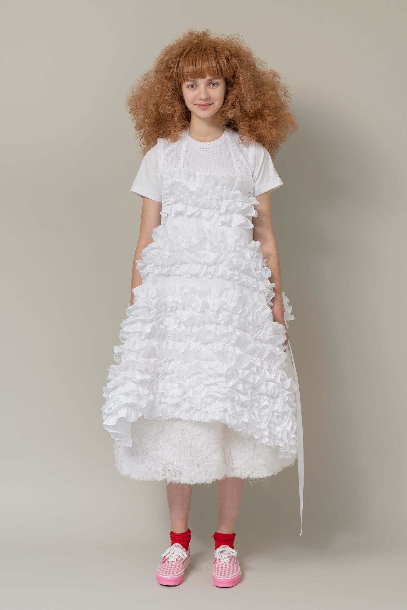 Mesh Organdy Frill Embroidered Dress White