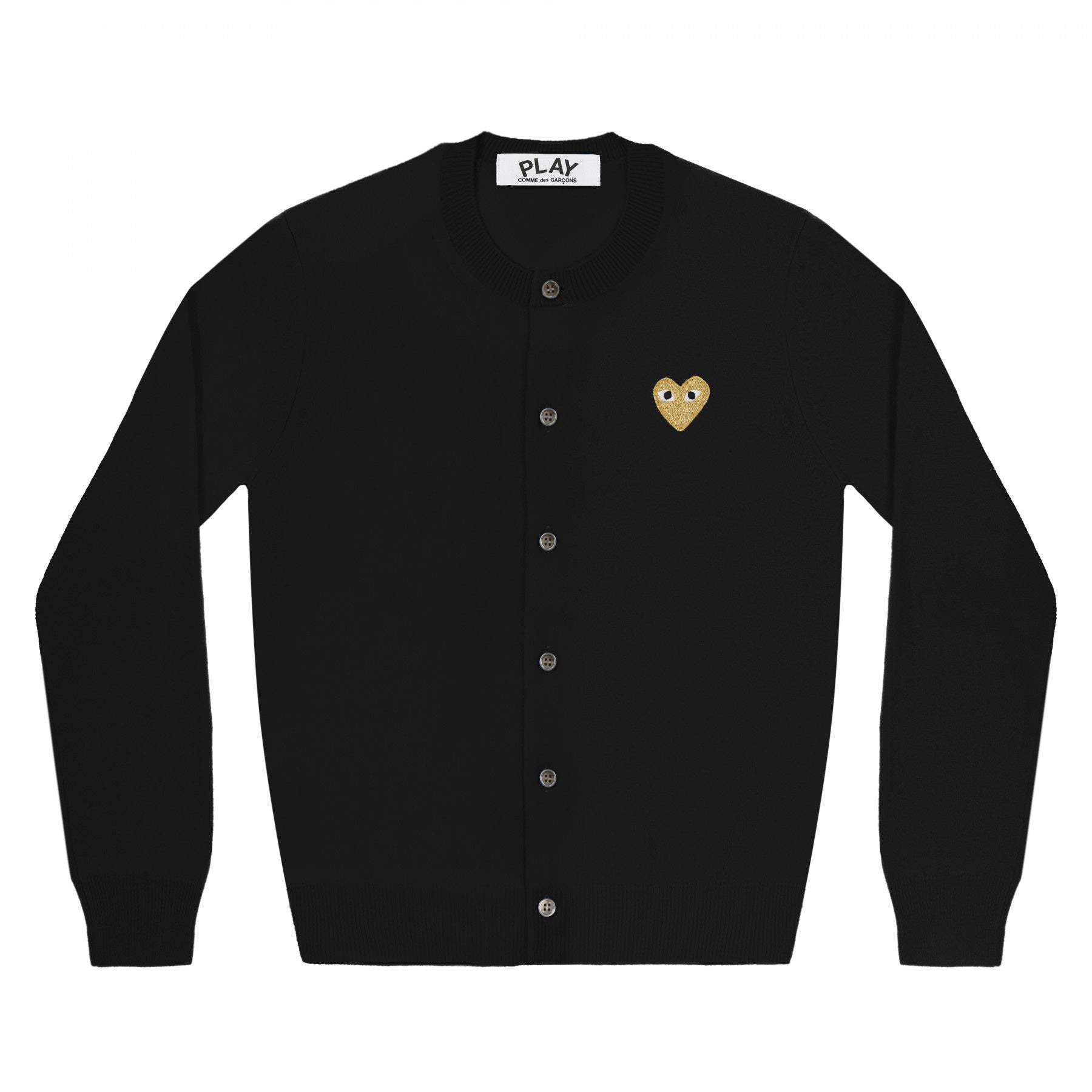 COMME DES GARÇONS Round Neck Cardigan PLAY Round Neck Cardigan Gold Emblem (Black) – COMME des GARÇONS