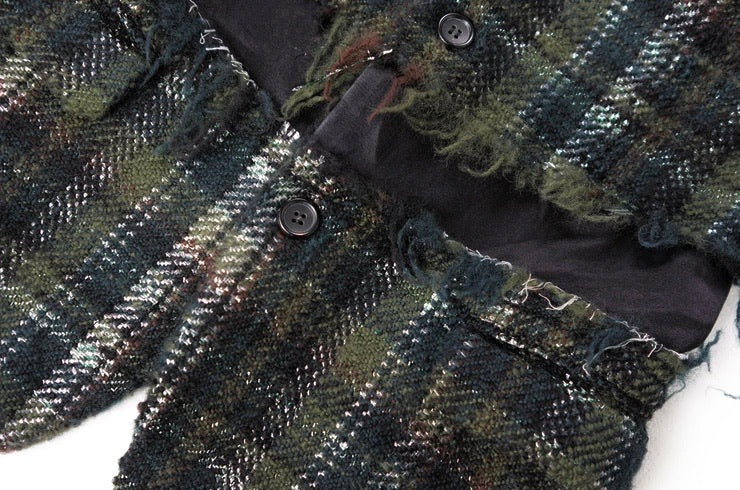 Frayed Green Silk Wool Check Jacket